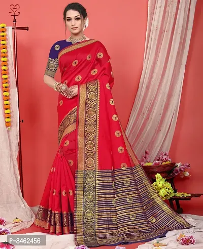 Beautiful Banarasi Silk Red Woven Design Saree with Blouse piece For Women