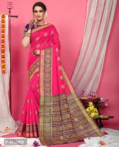 Beautiful Banarasi Silk Peach Woven Design Saree with Blouse piece For Women