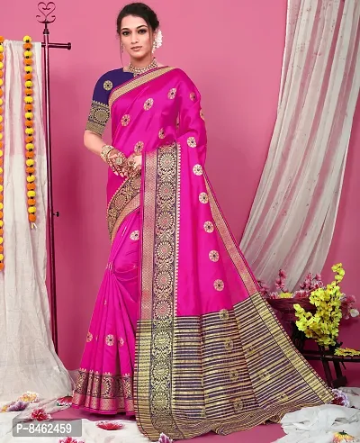 Beautiful Banarasi Silk Pink Woven Design Saree with Blouse piece For Women