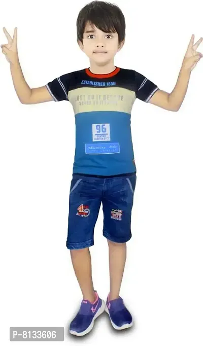 HRR Cotton Soft Round Neck Half Sleeve T-Shirt with 3/4th Jeans Pant Clothing Set for boys-thumb0