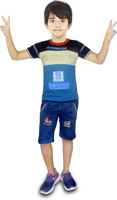 HRR Cotton Soft Round Neck Half Sleeve T-Shirt with 3/4th Jeans Pant Clothing Set for boys
