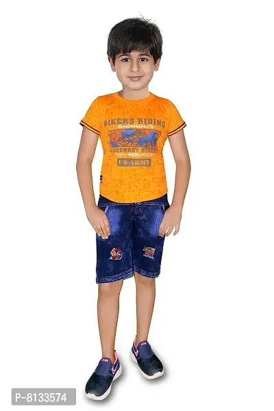 HRR Cotton Soft Round Neck Half Sleeve T-Shirt with Half Jeans Pant Clothing Set for Kids-thumb0