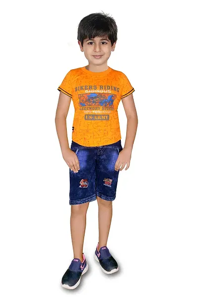 HRR Soft Round Neck Half Sleeve T-Shirt with Half Jeans Pant Clothing Set for Kids