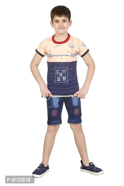 HRR Baby Boy' Kids Printed Short Sleeve Round Neck T-Shirt with Denim Half Pant Dress Set