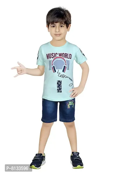 HRR Cotton Soft Round Neck Half Sleeve T-Shirt with 3/4th Jeans Pant Clothing Set for Kids
