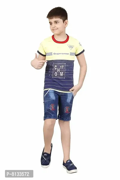 HRR Baby Boy' Kids Printed Short Sleeve Round Neck T-Shirt with Denim Half Pant Dress Set-thumb0