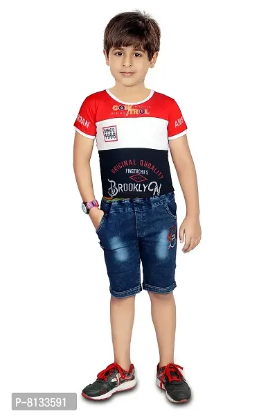 HRR Soft Cotton Round Neck Half Sleeve Multi Colour T-Shirt with Half Denim Pant Clothing Set for Kids-thumb0