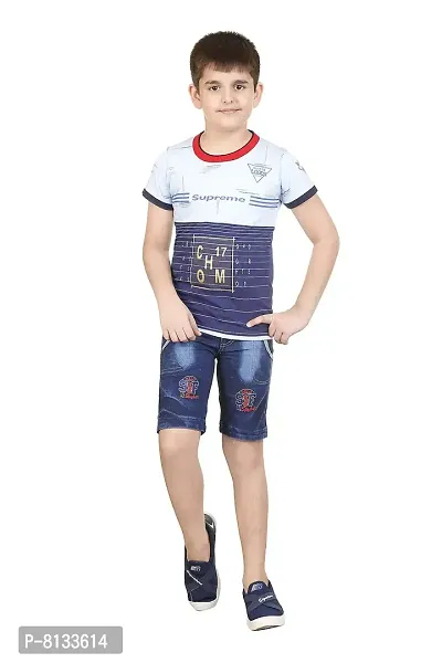 HRR Baby Boy' Kids Printed Short Sleeve Round Neck T-Shirt with Denim Half Pant Dress Set-thumb0