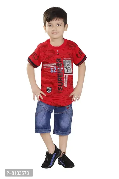 HRR Cotton Soft Round Neck Half Sleeve T-Shirt with 3/4th Jeans Pant Clothing Set for Kids-thumb0