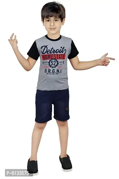 HRR Boy’s Cotton Festive Printed T-Shirt With Denim Half Pant, Clothing Set for Kids-thumb0