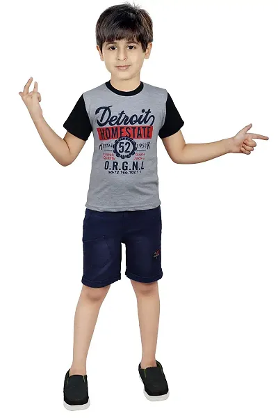 HRR Boy’s Cotton Festive Printed T-Shirt With Denim Half Pant, Clothing Set for Kids