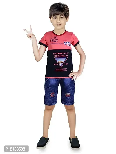 HRR Boy’s Cotton Blend Graphic Print T-Shirt With Denim Half Pant, Clothing Set for Kids