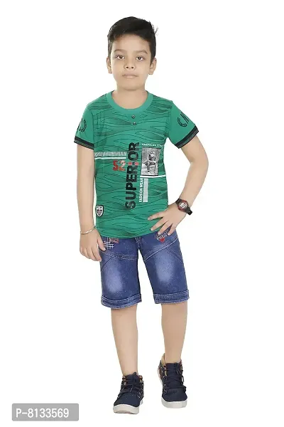 HRR Cotton Soft Round Neck Half Sleeve T-Shirt with 3/4th Jeans Pant Clothing Set for Kids-thumb0