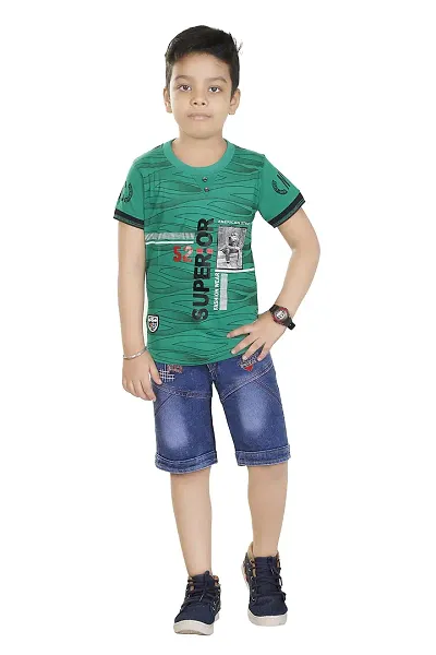 Cotton Soft Round Neck Half Sleeve T-Shirt with 3/4th Jeans Pant Clothing Set for Kids
