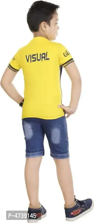HRR Boys Super Round neck Halfsleeve Pure cotton Yellow Tshirt With Denim Half pant-thumb2