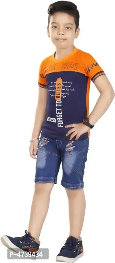 HRR Boys Super Orange Round neck Halfsleeve Pure cotton  Tshirt With Denim Half pant-thumb3