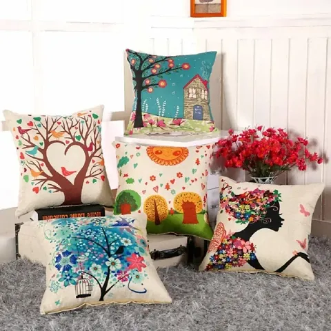 Pack of 5- Printed Jute Cotton Cushion Covers