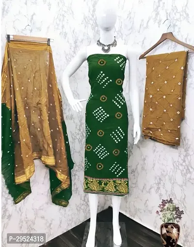 Designer Green Cotton Unstitched Dress Material Top With Bottom Wear And Dupatta Set for Women-thumb0