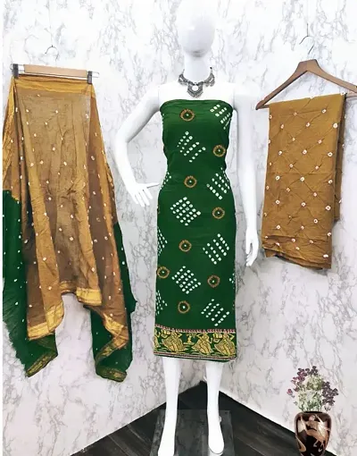 Designer Unstitched Hand Bandhej Dress Material With Dupatta For Women