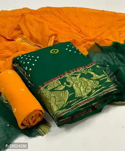 Designer Green Cotton Unstitched Dress Material Top With Bottom Wear And Dupatta Set for Women-thumb0