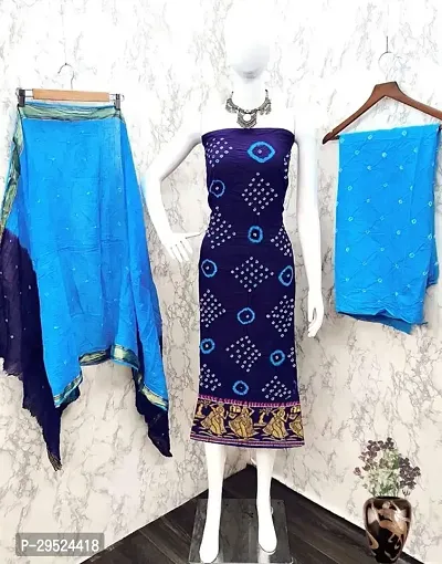 Designer Blue Cotton Unstitched Dress Material Top With Bottom Wear And Dupatta Set for Women-thumb0