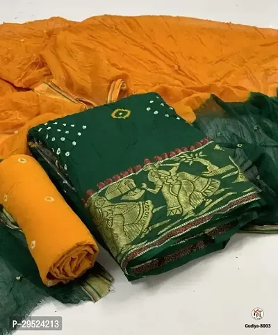 Designer Green Cotton Unstitched Dress Material Top With Bottom Wear And Dupatta Set for Women-thumb0