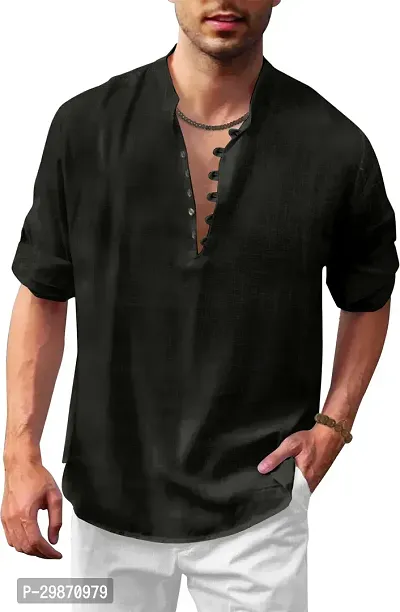 Trendy Black Cotton Blend Solid Hip Length Kurta For Men-thumb0