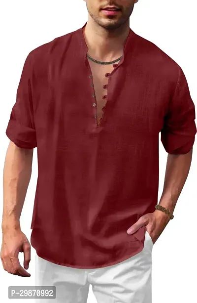 Trendy Maroon Cotton Blend Solid Hip Length Kurta For Men-thumb0