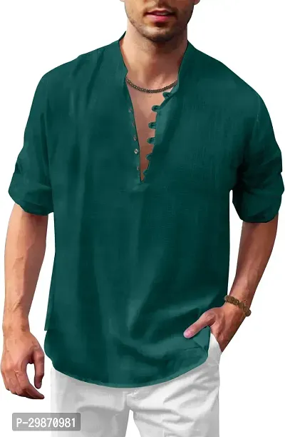 Trendy Green Cotton Blend Solid Hip Length Kurta For Men-thumb0