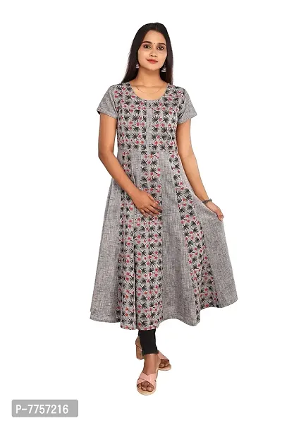 RANU Stylish Women's 100% Cotton Anarkali Short Sleeve Kurta Top for Girls Regular Plain Dress Material Size S to XXL Grey-thumb0