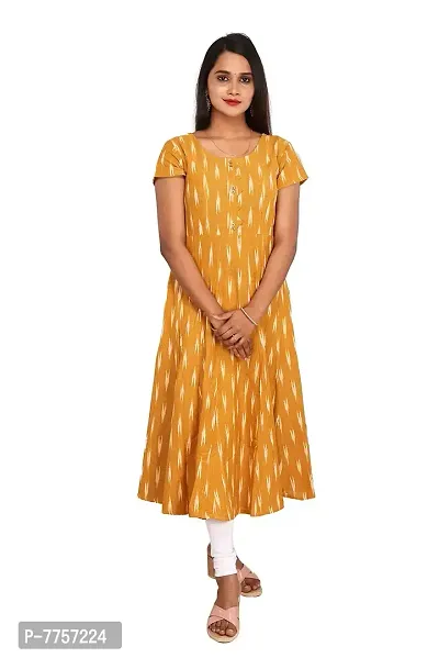 RANU Women's 100% Cotton Ikat Mustard Yellow Anarkali Short Sleeve Kurta Tops for Girls Pintuck Regular Top Dress Material Size S to XXL
