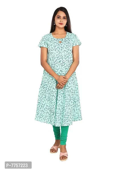 RANU Women's 100% Cotton Semi Anarkali Short Sleeve Kurta Tops for Girls Regular Top Dress Material Size S to XXL Green Color