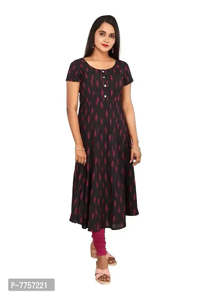 RANU Women's 100% Cotton Ikat Black Anarkali Short Sleeve Kurta Tops for Girls Pintuck Regular Top Dress Material Size S to XXL