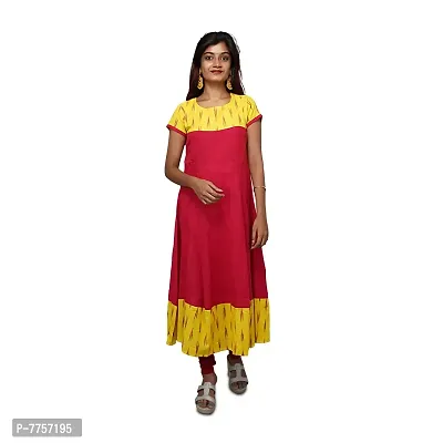 RANU Women's 100% Cotton Plain Ikat Anarkali Short Sleeve Kurta Tops for Girls Regular Top Dress Material Size S to XXL Red Color