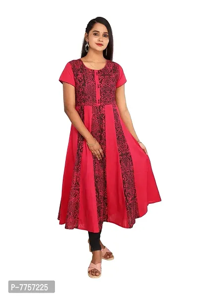 RANU Women's 100% Cotton Printed Anarkali Short Sleeve Kurta Tops for Girls Regular Top Dress Material Size S to XXL Pink Color