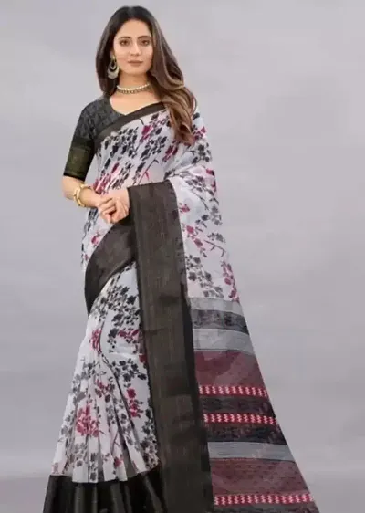 Cotton Floral Printed Zari Border Sarees with Blouse piece