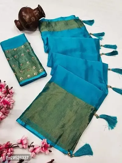 Stylish Chiffon Sky Blue Zari Saree with Blouse piece For Women-thumb0