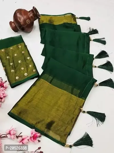 Stylish Chiffon Green Zari Saree with Blouse piece For Women-thumb0