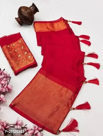 Stylish Chiffon Red Zari Saree with Blouse piece For Women