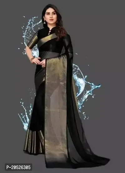 Stylish Chiffon Black Zari Saree with Blouse piece For Women-thumb0