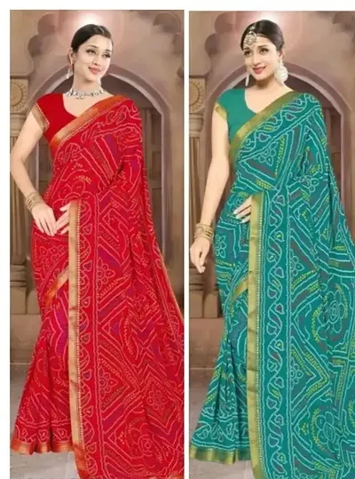 Pack Of 2 Georgette Printed Bandhani Sarees With Blouse Piece Combo