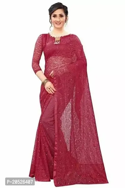 Stylish Net Maroon Embellished Saree with Blouse piece For Women-thumb0