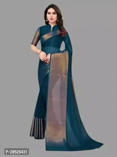Stylish Chiffon Sky Blue Zari Saree with Blouse piece For Women-thumb0