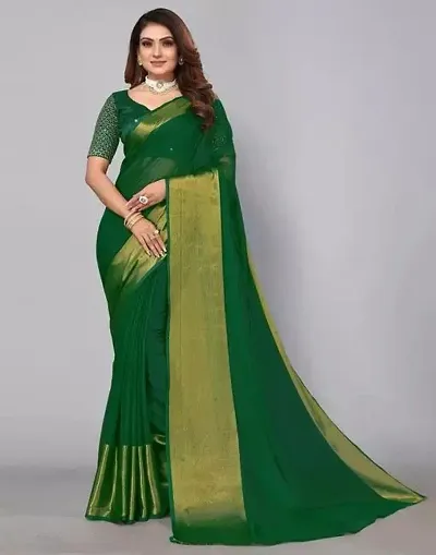 Women's Embellished Chiffon Saree with Unstitched Blouse Piece - Golden Patta Borde