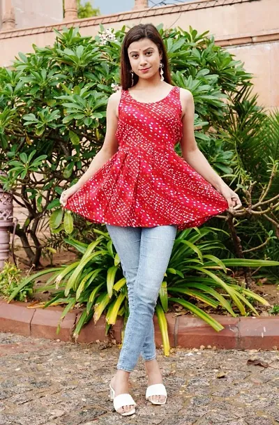 VNSAGAR Lehriya Bendhej Print Sleeveless Flared top for Womens and Girls