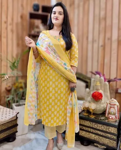 Beautiful Straight Rayon Kurta Bottom and Dupatta Set