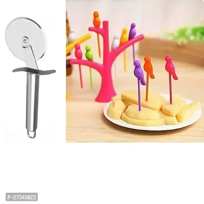 Stainless Steel Pizza Cutter And Plastic Bird Fruit Fork Set With Stand 6-Pieces Multicolour Pack Of 2