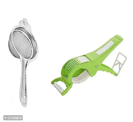Stainless Steel Tea Strainer With Pack Of 2 In 1 Kitchen Vegetable 5 Laser Blade Bhindi Cutter And Peeler Pack Of 2