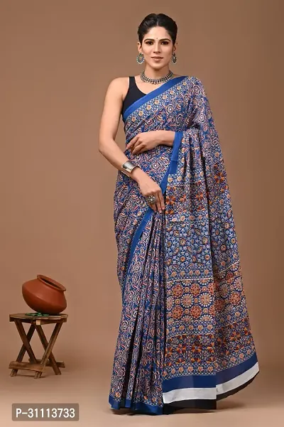 Elegant Blue Mulmul Cotton Printed Saree With Blouse Piece For Women-thumb0