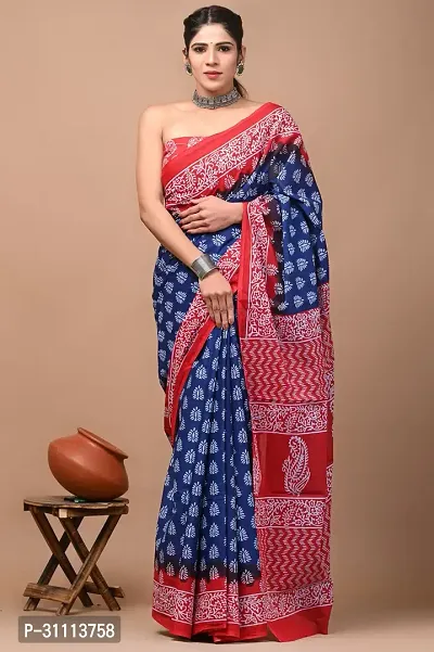 Elegant Blue Mulmul Cotton Printed Saree With Blouse Piece For Women-thumb0